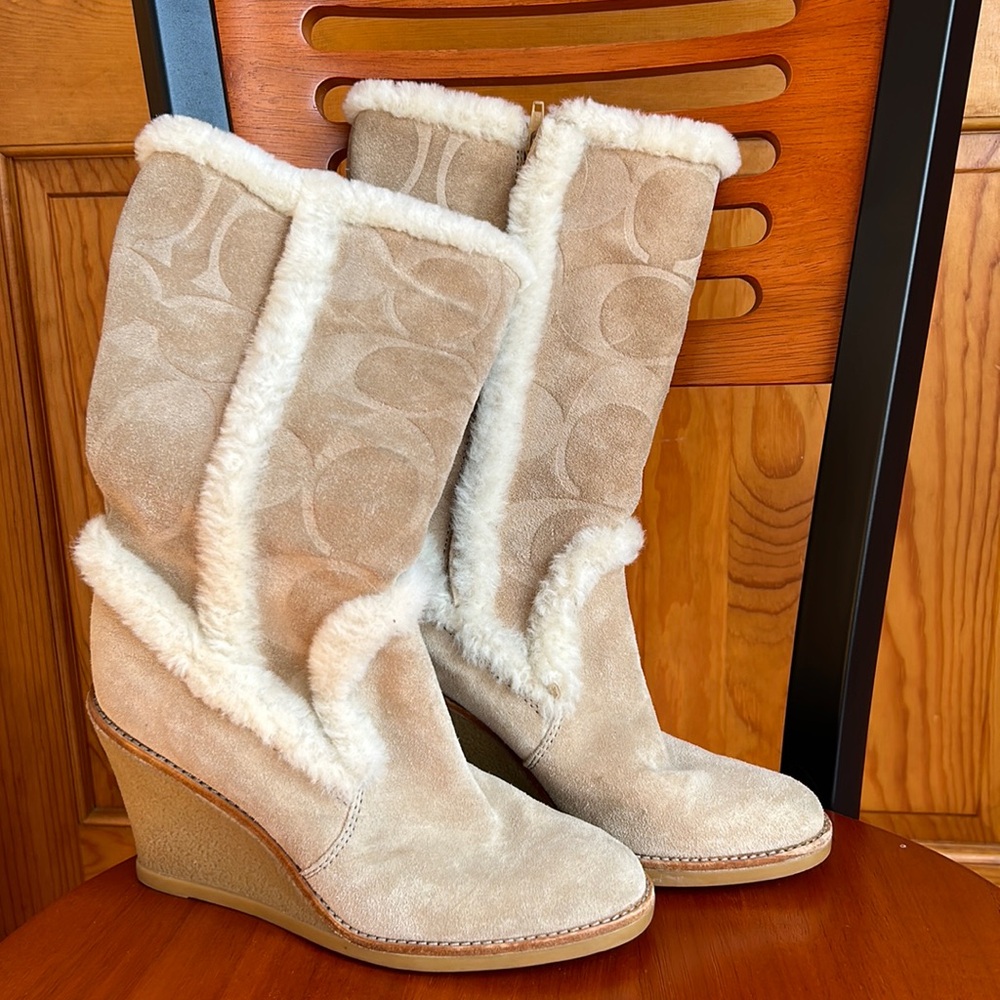 Coach Jordana tan boots wedge heel size 6